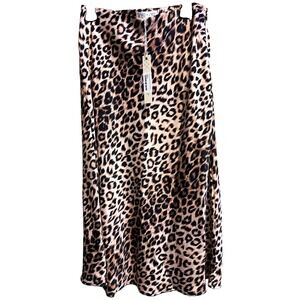 SHE + SKY Beige Black Leopard Animal Print A-Line Midi Skirt Women's L Regular